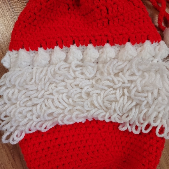 Vintage Handmade Crochet Knit Santa Face Purse Bag Sack Pom Pom Drawstring Red - Picture 4 of 8